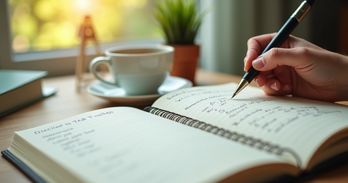 Caderno com anotações de decisão ao lado de chá e janela iluminada 