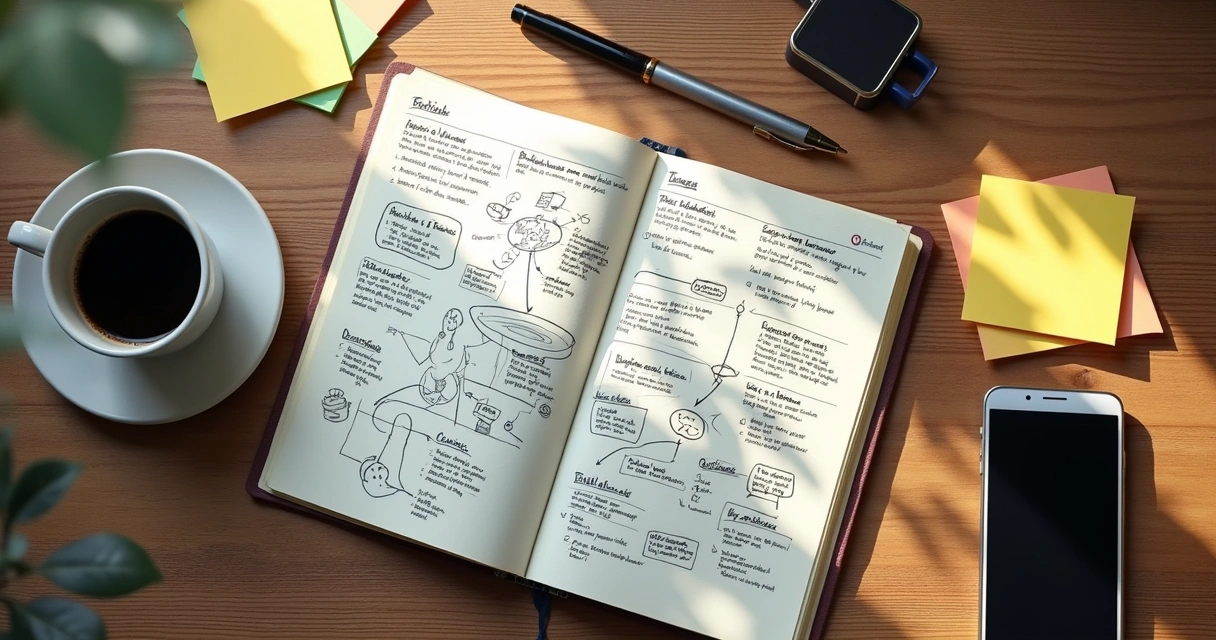 Caderno com mapa mental e setas sobre decisões 