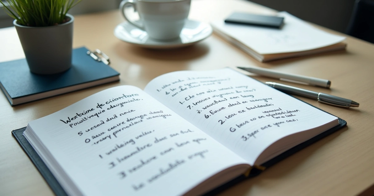 Caderno com perguntas de decisão ao lado de notebook no escritório