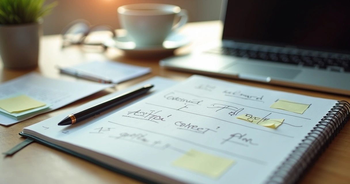 Caderno com plano de decisão ao lado de laptop no escritório