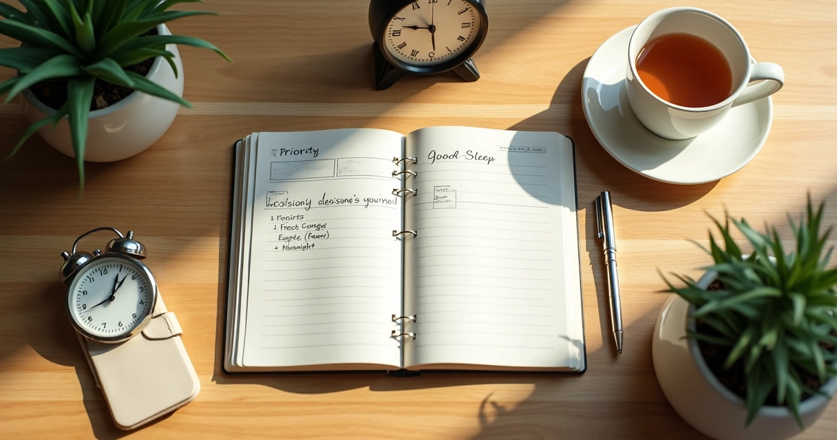 Caderno com lista de prioridades ao lado de xícara e relógio 