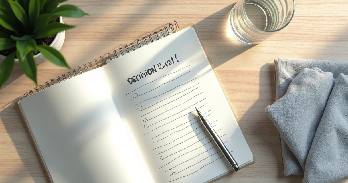 Caderno com lista de decisões ao lado de compressa e copo de água 