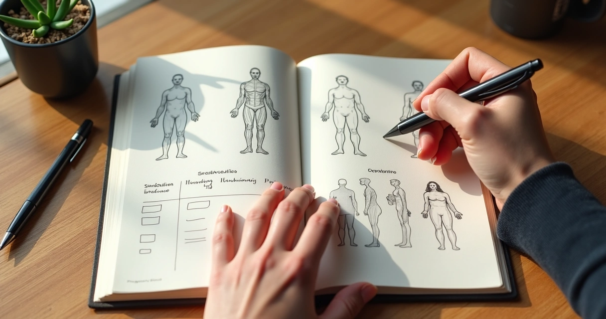 Pessoa fazendo anotações em diário de sintomas e emoções 