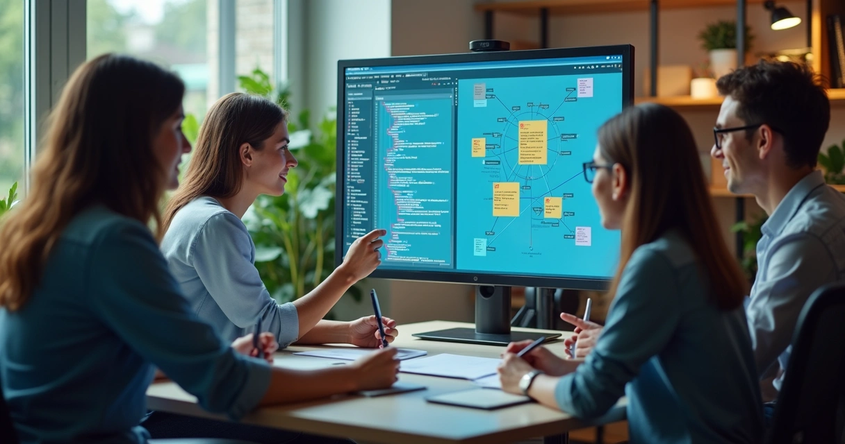 Equipe remota colaborando e escrevendo comentários em fluxos de diagrama digital. 