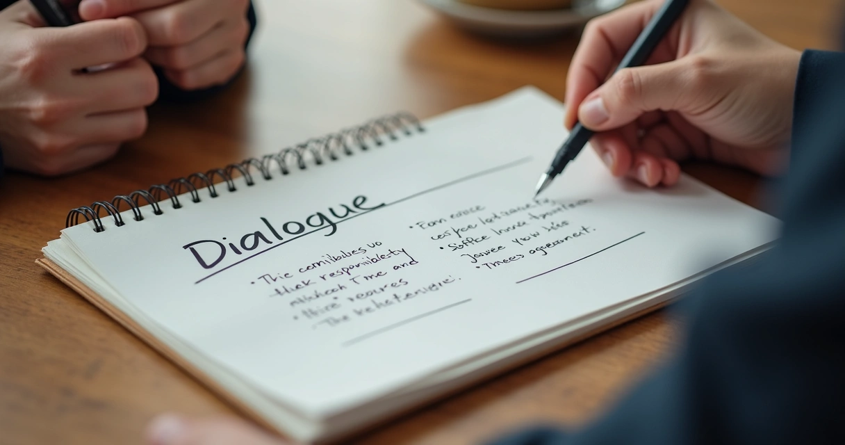 Caderno com anotações e mãos durante conversa de escuta ativa 