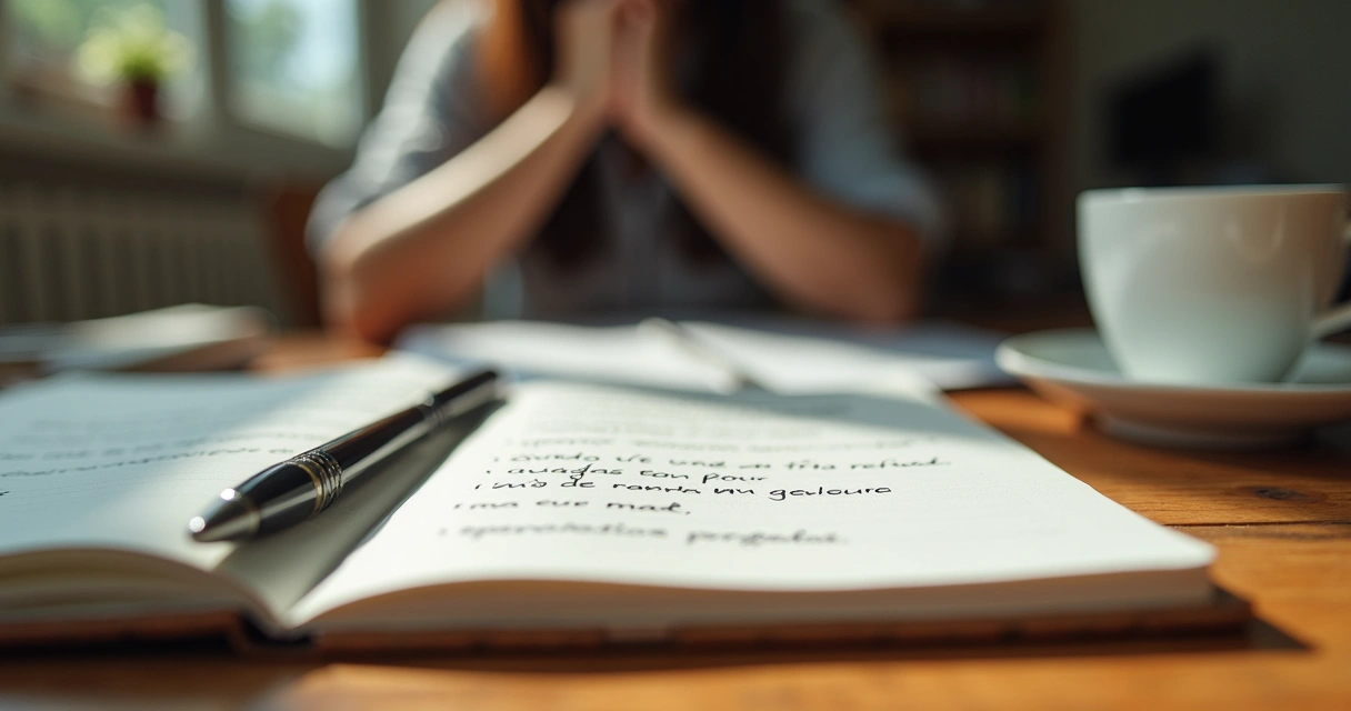 Caderno com frases escritas e pessoa refletindo à mesa