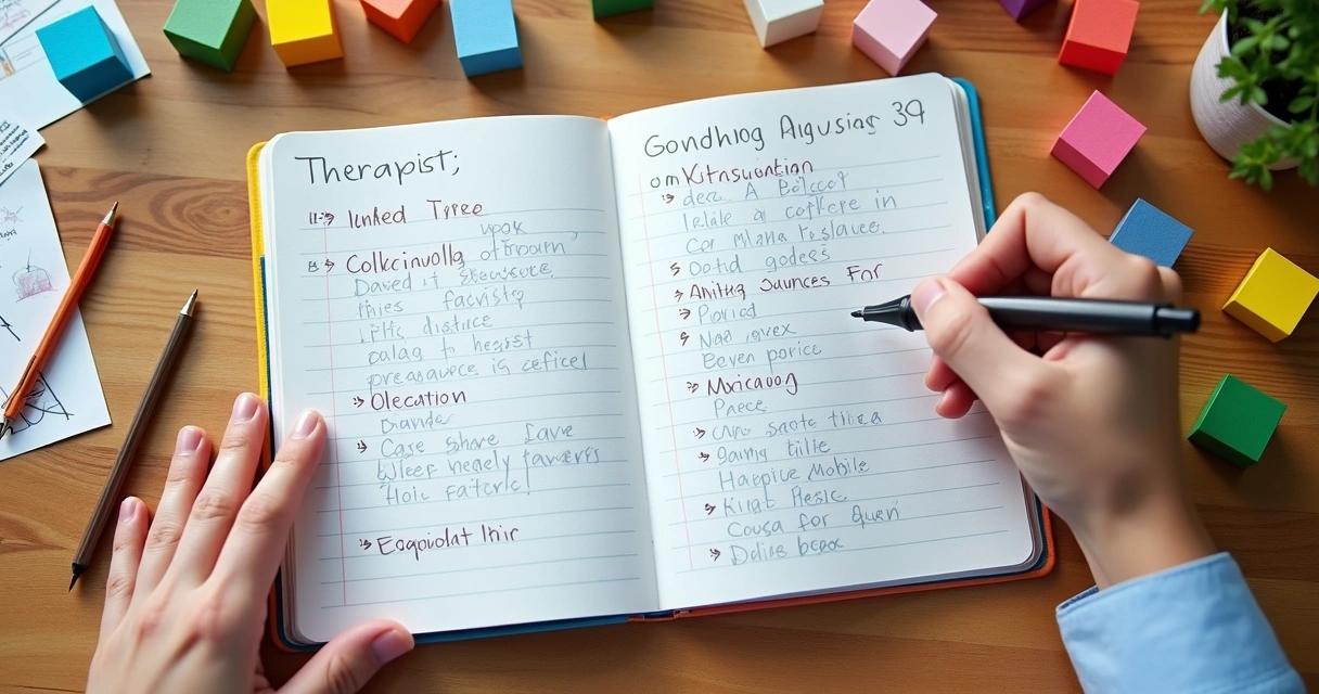 Notas manuscritas e brinquedos infantis sobre a mesa 