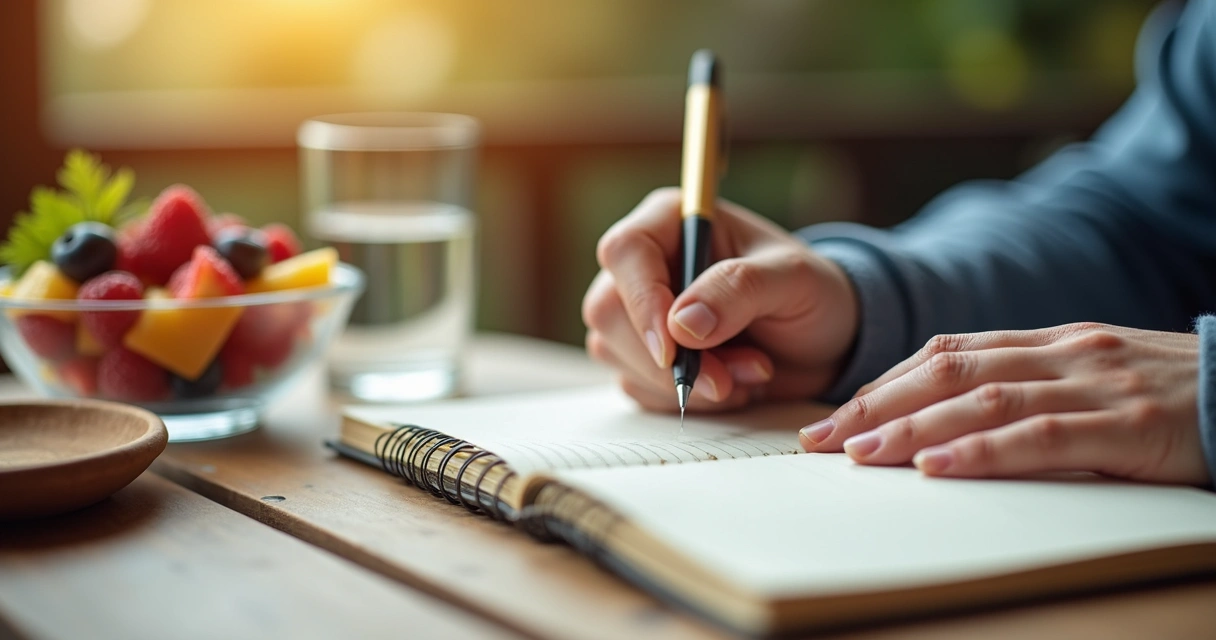 Pessoa escrevendo em diário alimentar em ambiente tranquilo. 