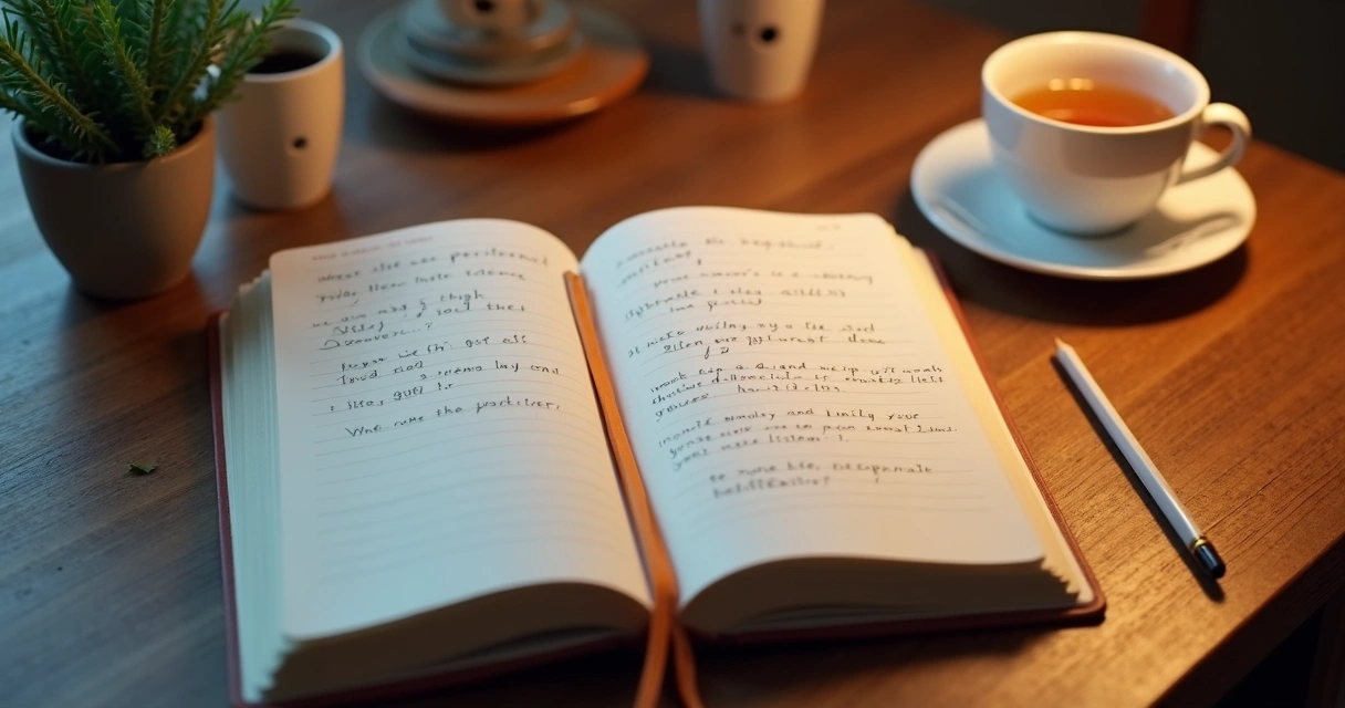 Caderno aberto com anotações de autoconhecimento e lápis ao lado 