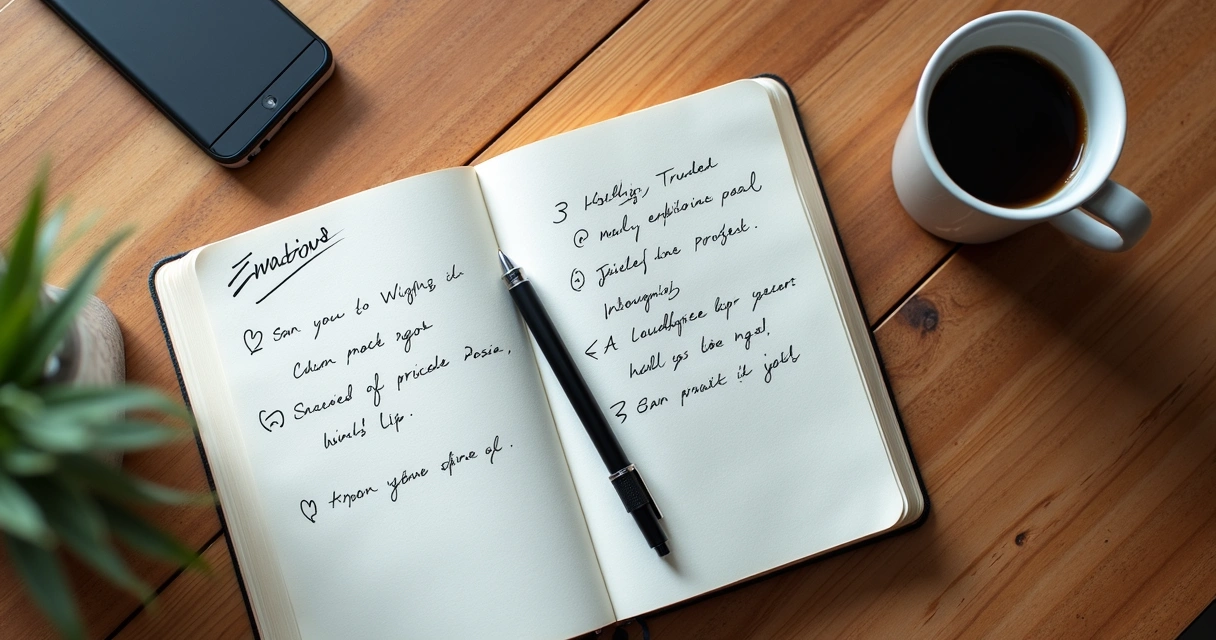Caderno com anotações e caneta próximo a xícara de café em uma mesa de madeira. 