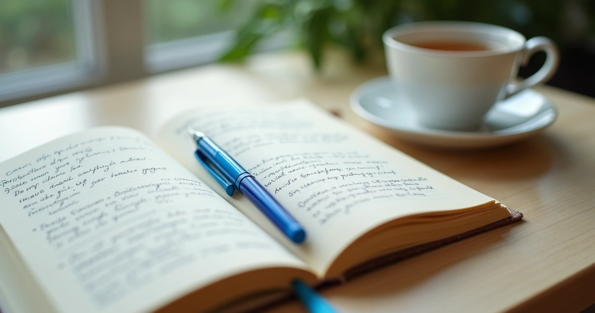 Diário com anotações de autoobservação em mesa de madeira clara 