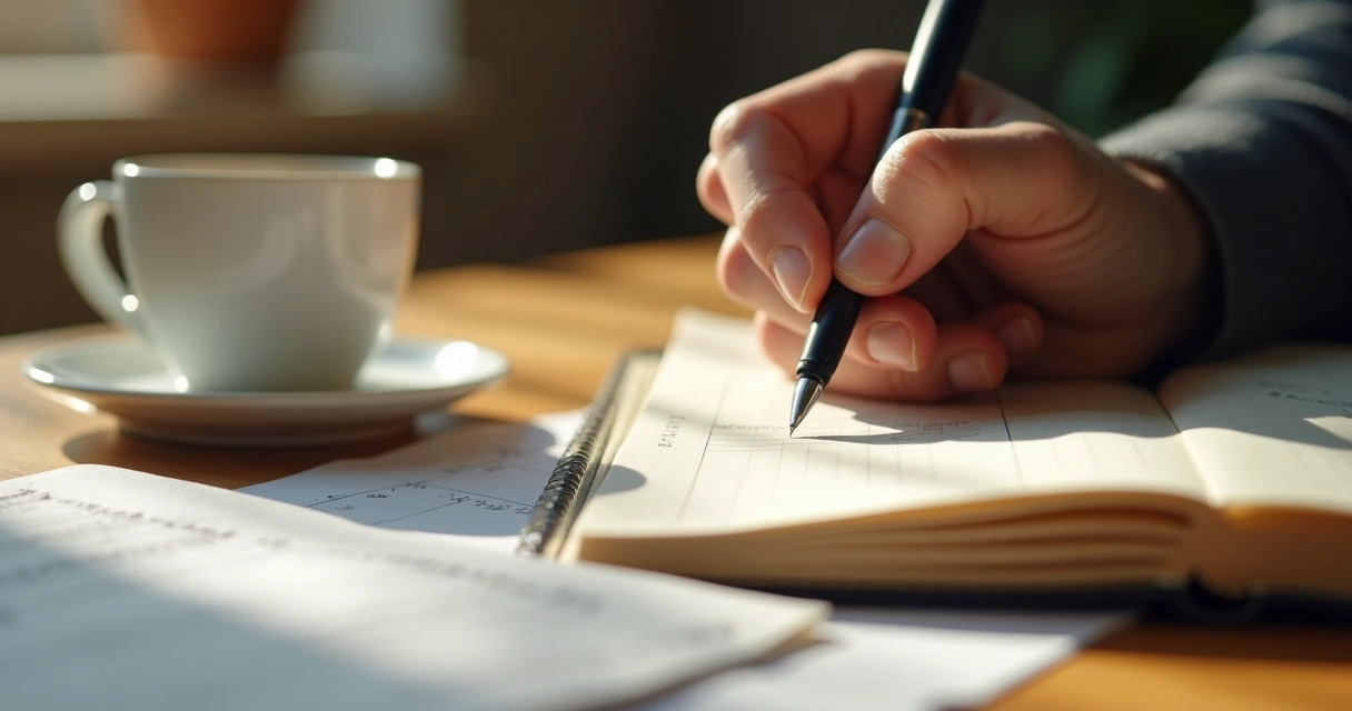 Mão escrevendo em um diário com caneta, folhas de papel ao redor