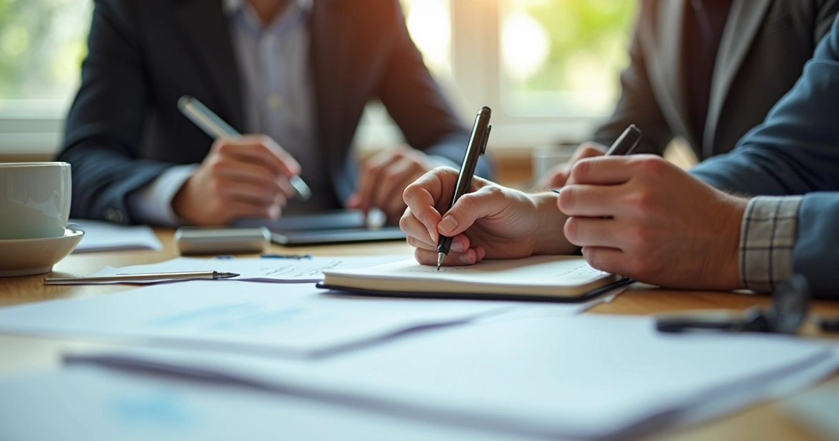 Pessoa escrevendo em um diário compartilhado ao lado de colegas, ambiente profissional 