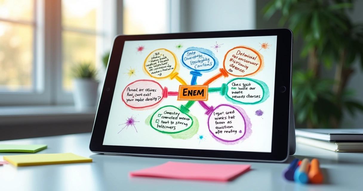 Tela de tablet exibindo mapa mental de matérias do ENEM