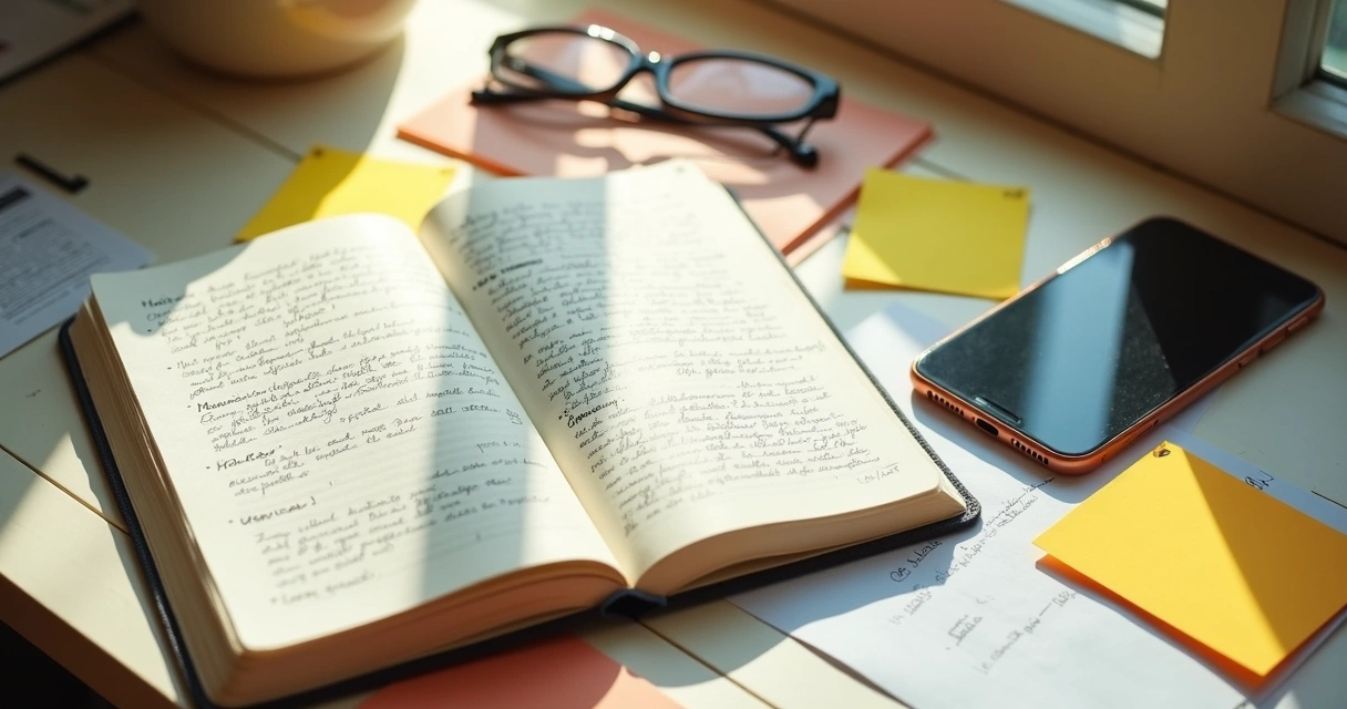 Caderno com anotações, post-its e calendário sobre mesa