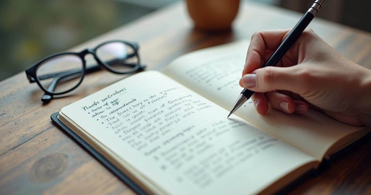 Caderno com anotações, óculos e mão refletindo sobre padrões mentais