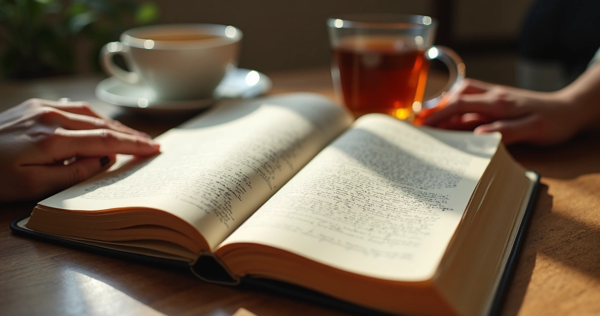 Caderno com anotações e mãos em reflexão