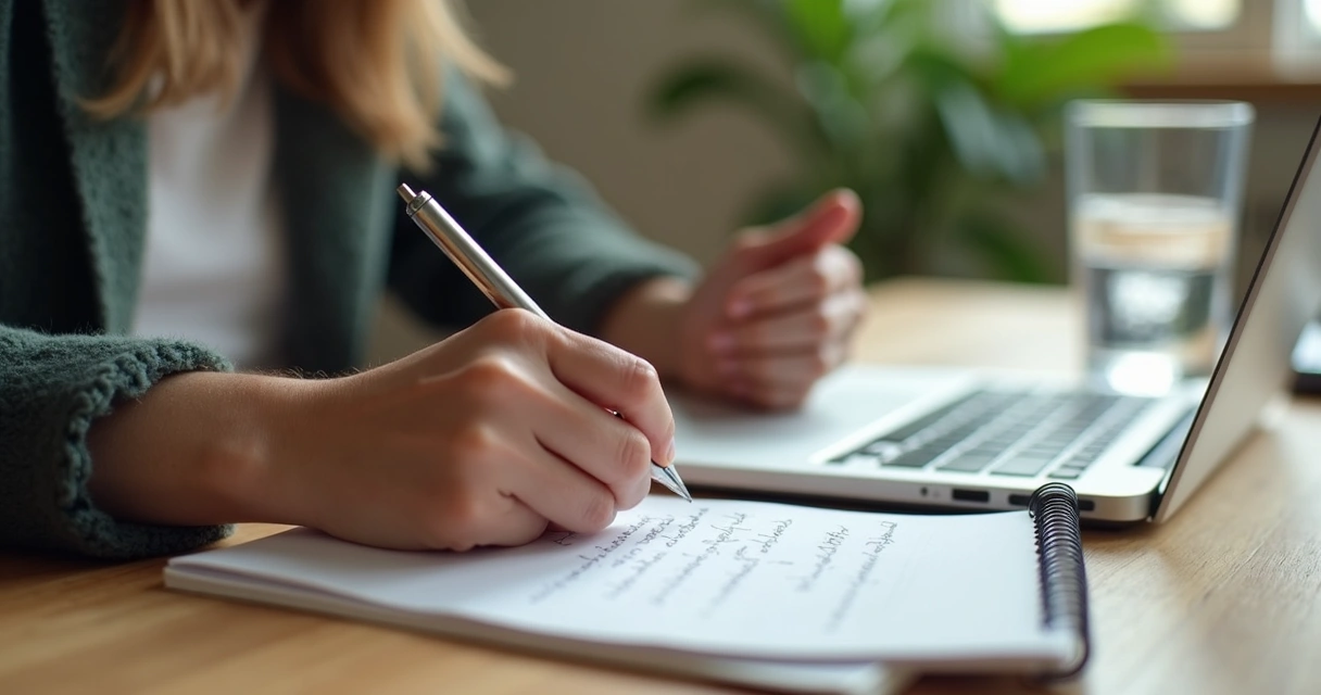 Caderno com anotações e pessoa respirando antes de conversar