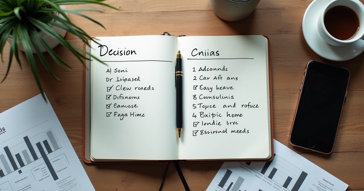 Caderno com decisões e café em mesa de trabalho