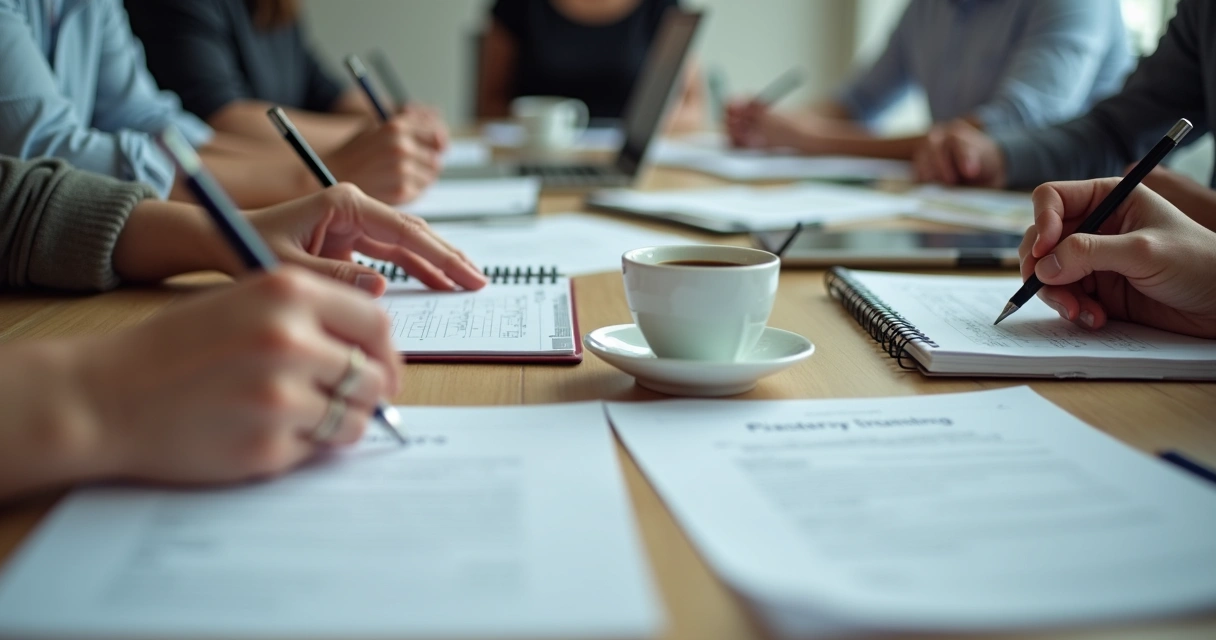 Mãos fazendo anotações em reunião de equipe 