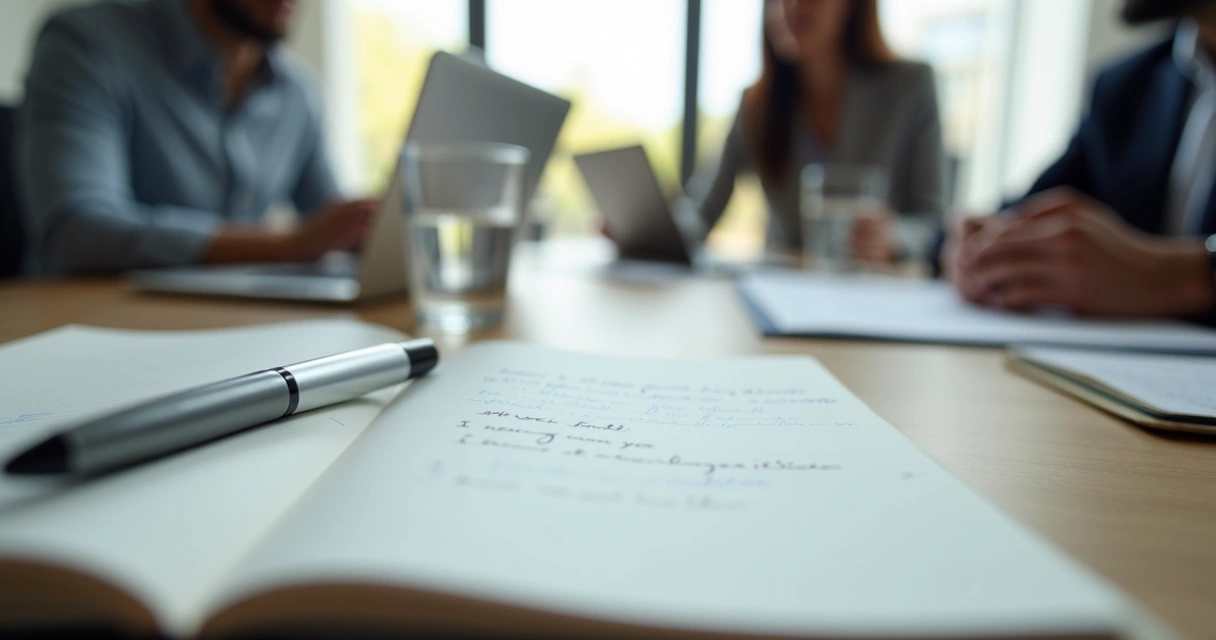 Caderno com anotações e mesa de reunião