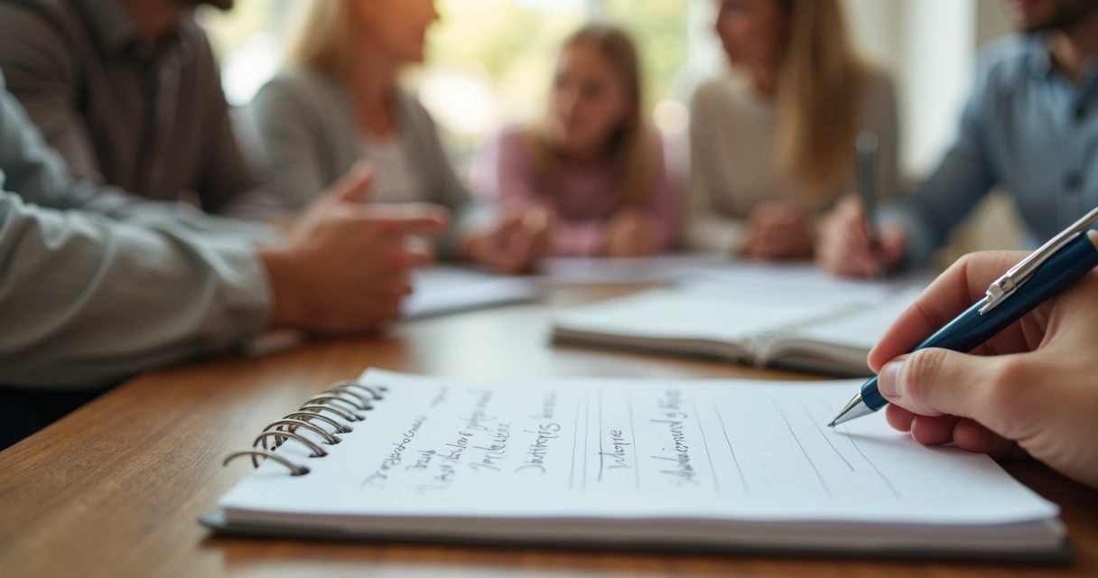 Caderno com anotações em reunião familiar 