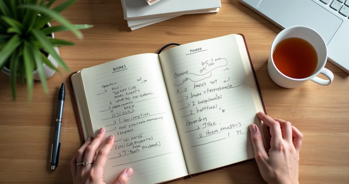Caderno com notas sobre emoções e escolhas 