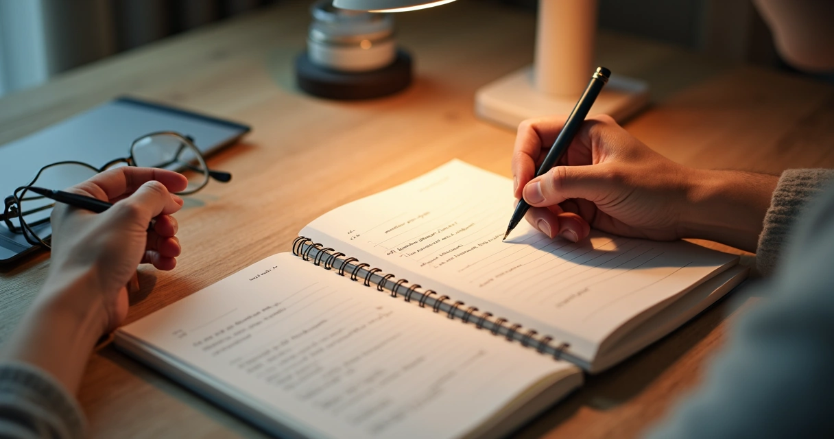 Caderno com perguntas de reflexão e mão escrevendo