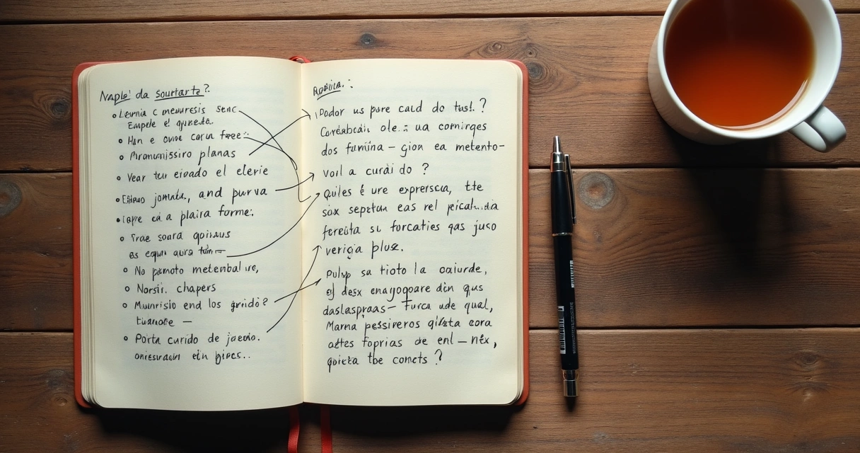 Caderno com anotações emocionais e xícara ao lado 