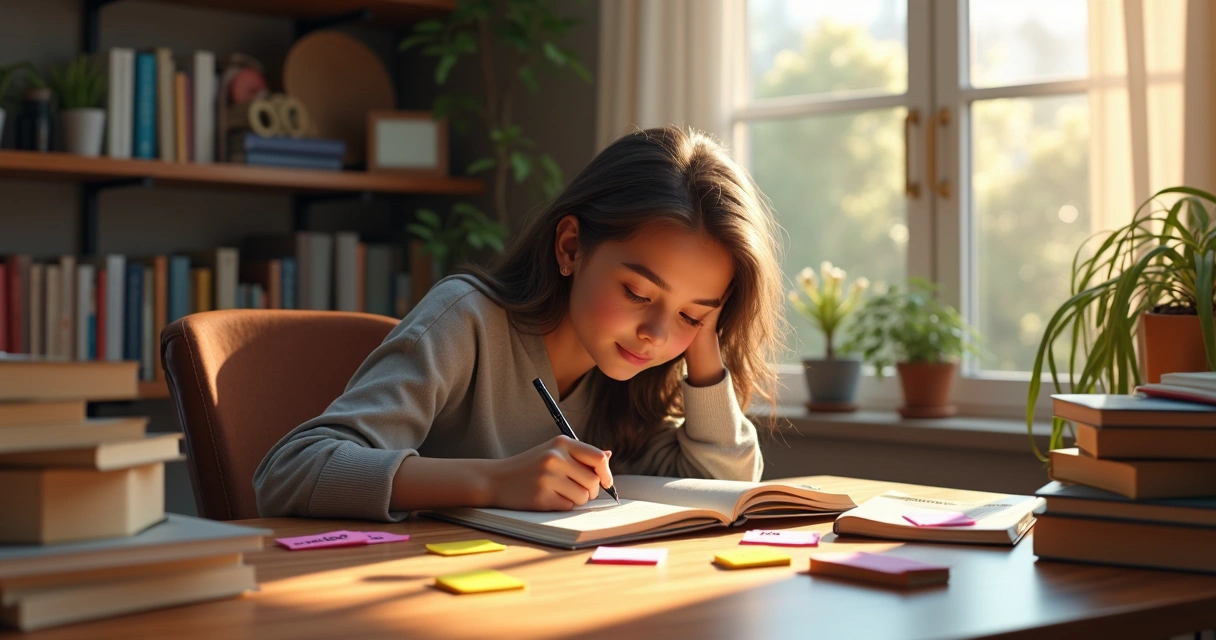 Pessoa escrevendo em diário com expressão reflexiva