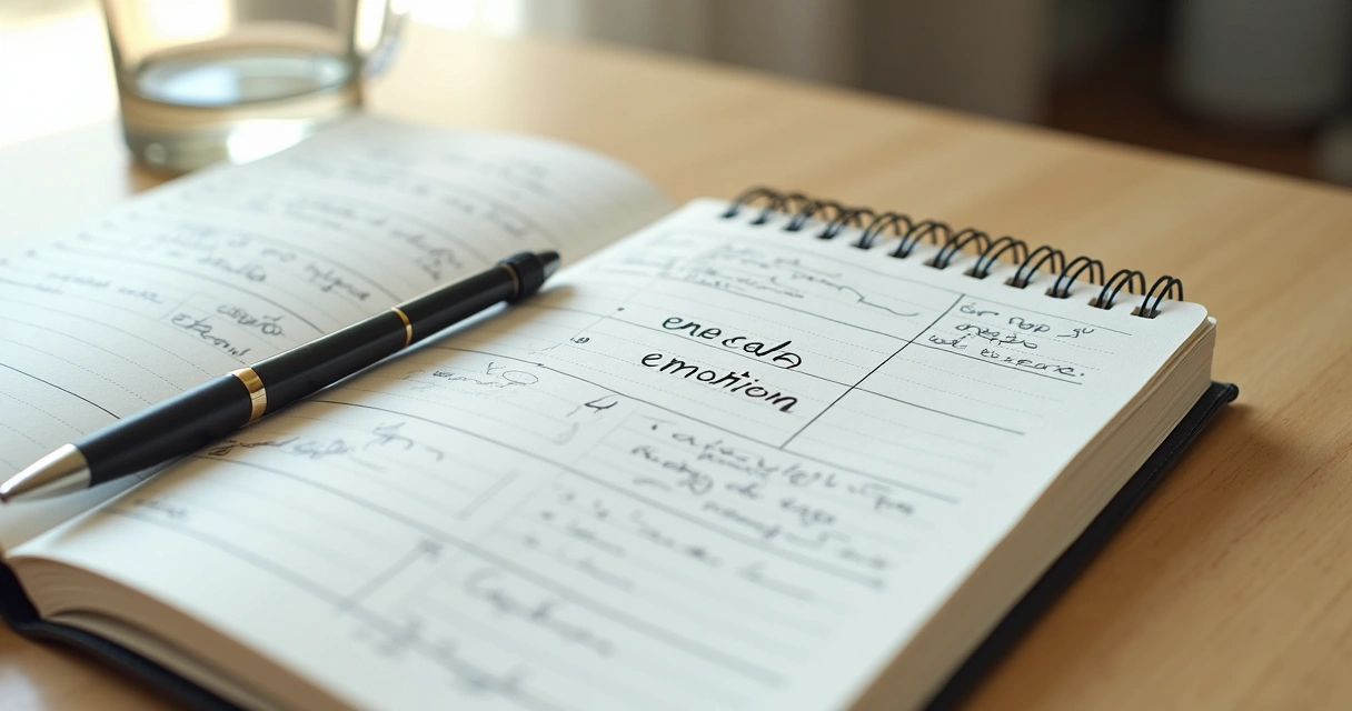 Caderno com anotações emocionais e caneta sobre mesa