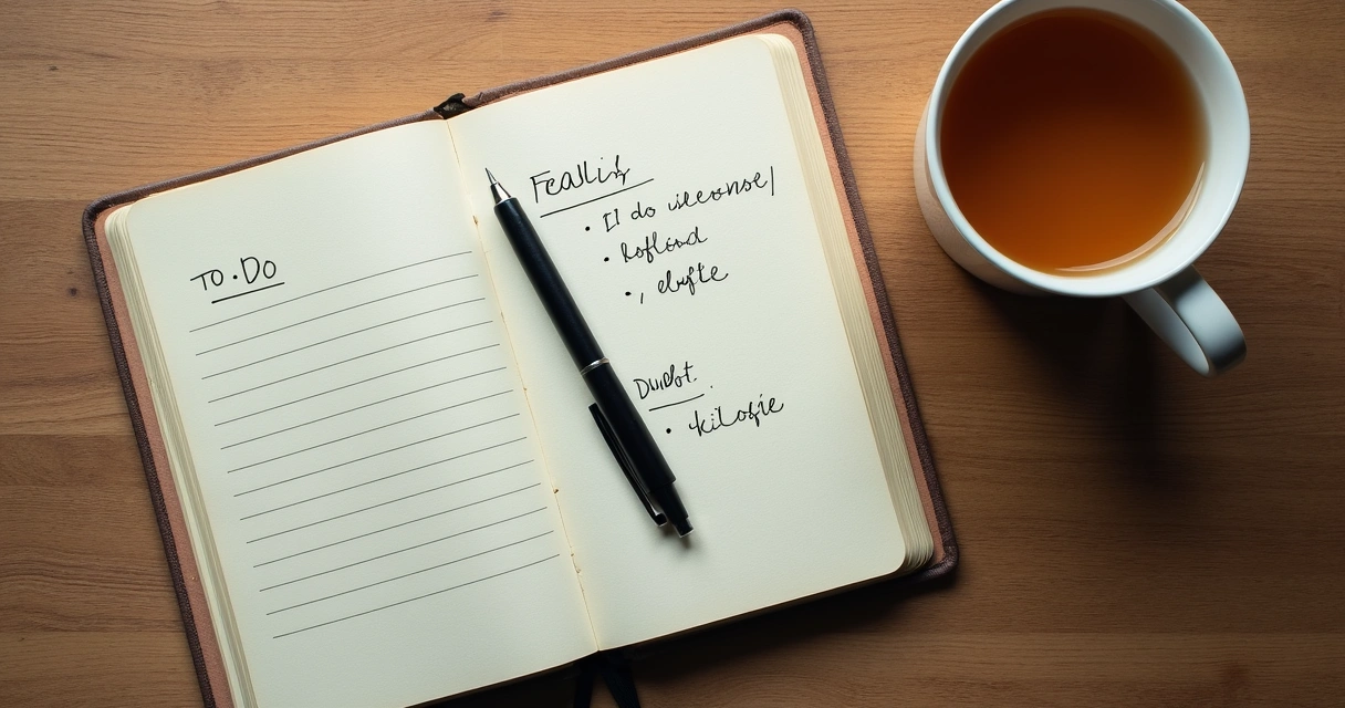 Caderno com lista de tarefas e anotações emocionais ao lado de uma xícara 