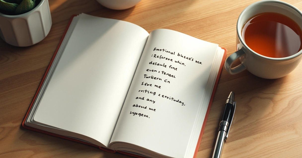 Caderno com anotações emocionais e xícara sobre mesa 