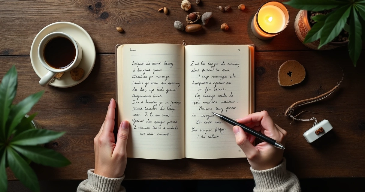 Caderno aberto com anotações de emoções do dia e caneta ao lado