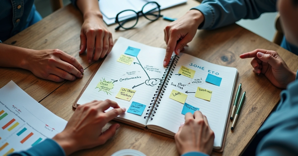 Caderno com mapa emocional e mãos em mesa 
