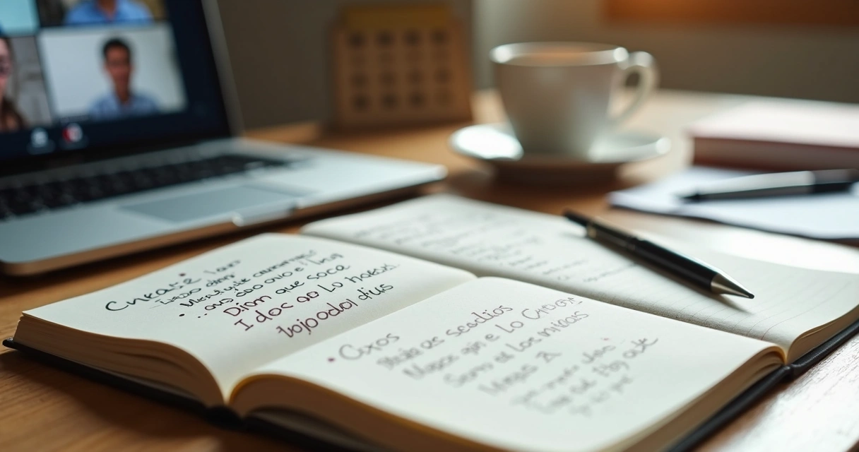 Caderno com anotações emocionais ao lado de notebook em videoconferência 