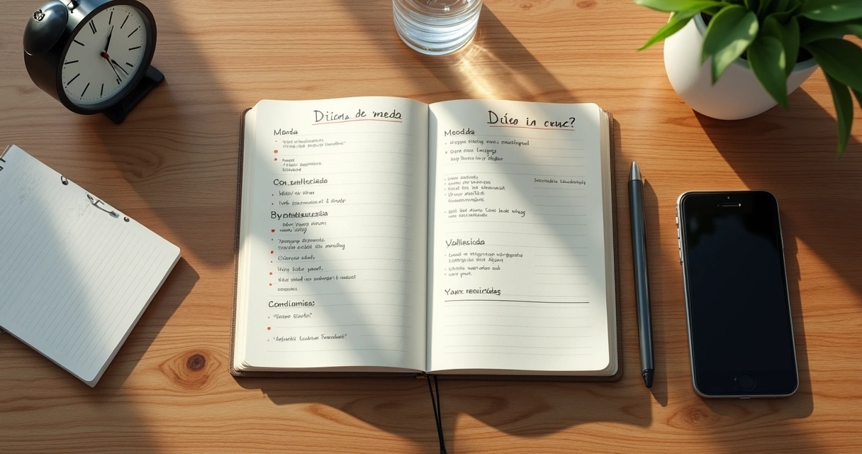 Caderno com anotações sobre emoções e rotina diária 