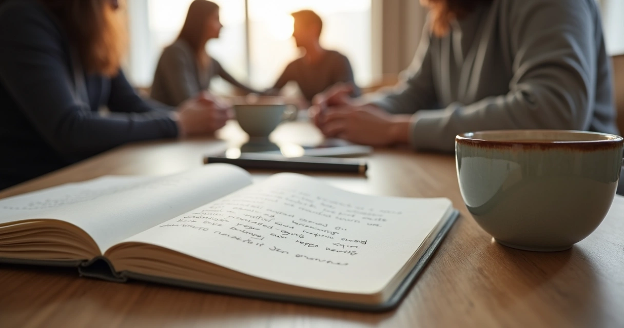Caderno com anotações e chá durante encontro