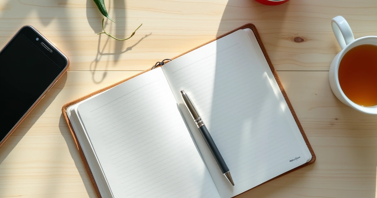 Caderno com anotações e xícara em mesa clara 