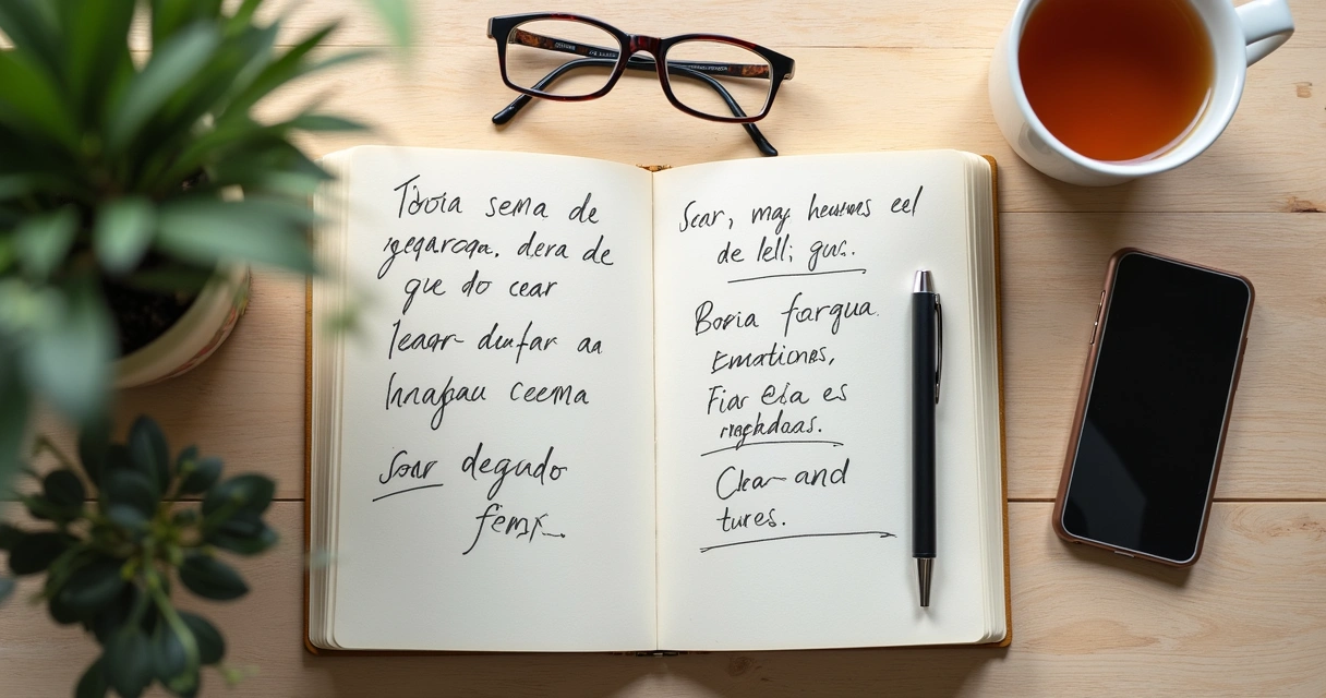 Caderno com anotações sobre escolhas e emoções em mesa clara