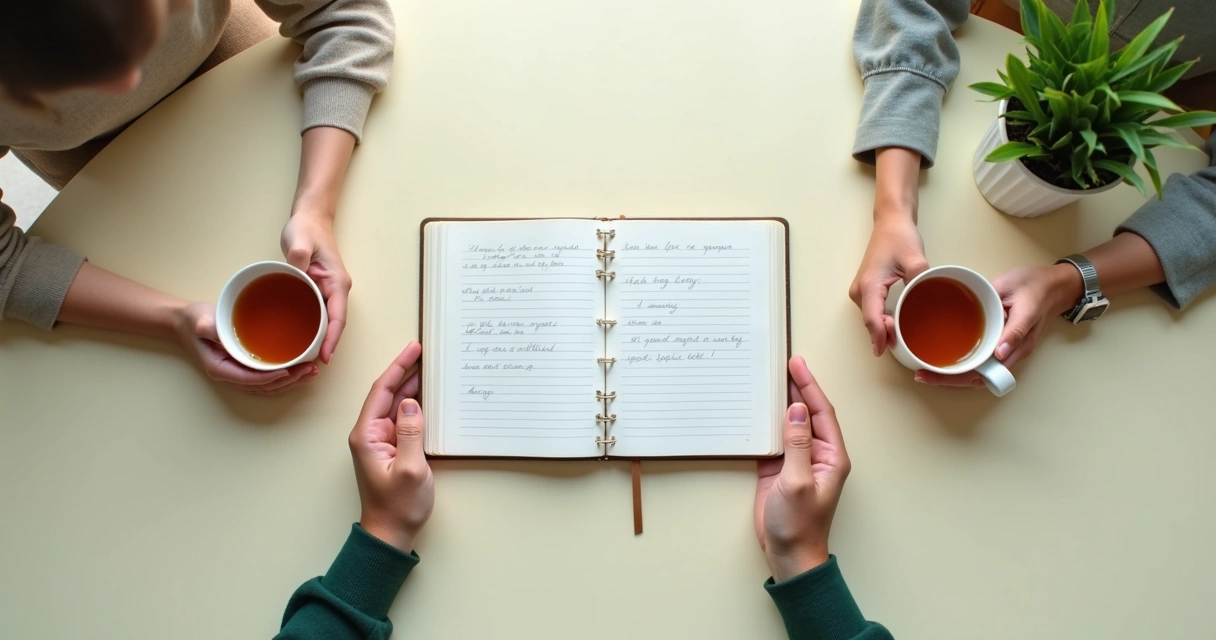 Caderno com anotações ao lado de uma conversa calma 