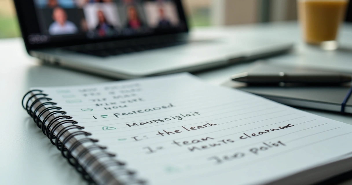 Caderno com anotações ao lado de notebook em chamada de vídeo