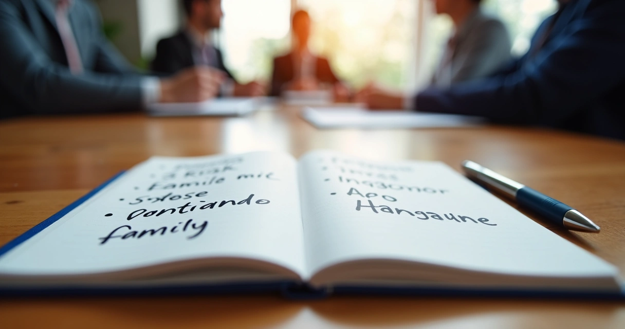 Caderno com anotações de negociação sobre mesa de reunião 