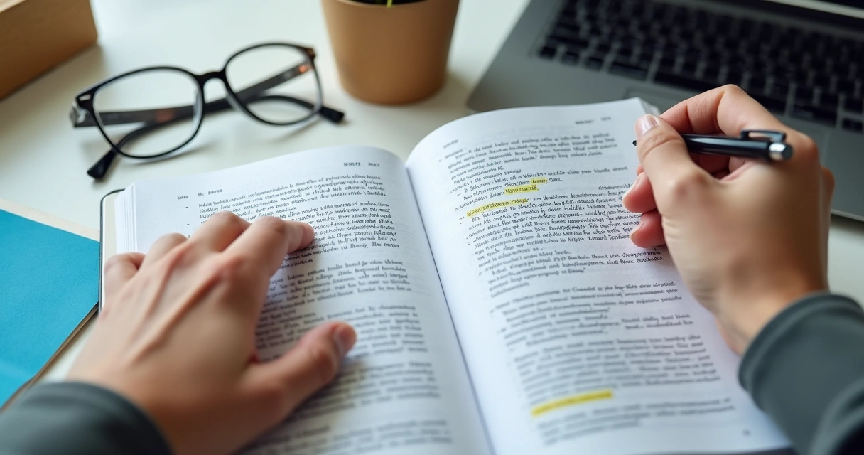 Caderno com anotações e mãos revisando estudo