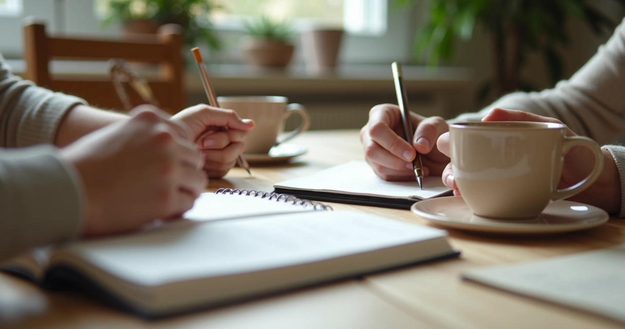 Caderno com anotações e mãos de família sobre a mesa