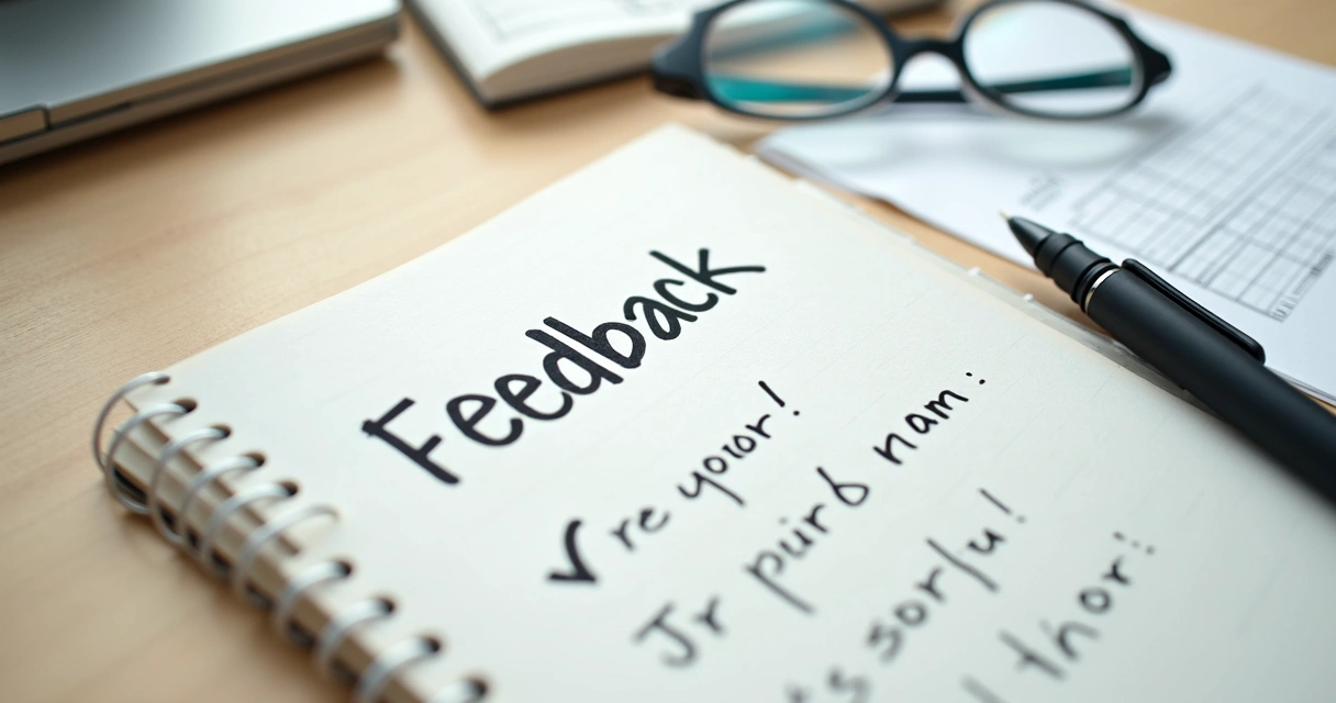 Caderno com anotações de feedback e gráfico simples