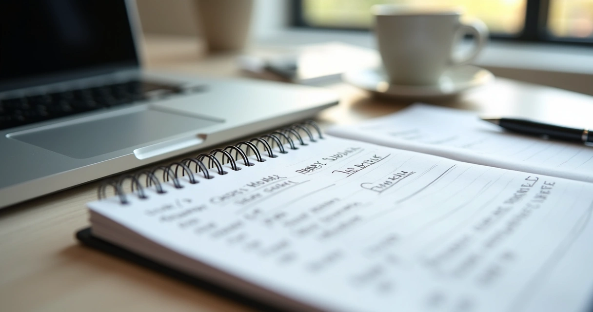 Caderno com anotações de feedback ao lado de laptop 