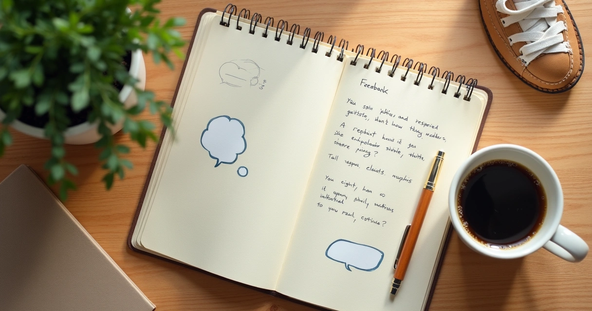 Caderno com anotações de feedback e conversa alinhada 