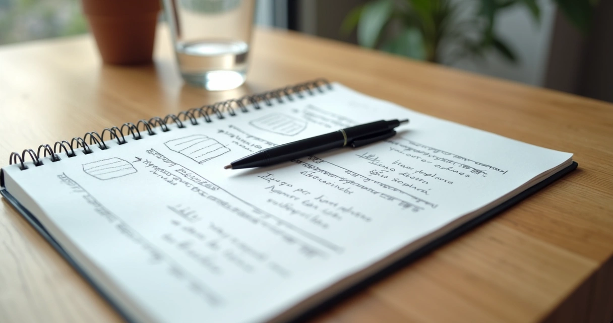 Caderno com anotações de feedback e caneta sobre mesa