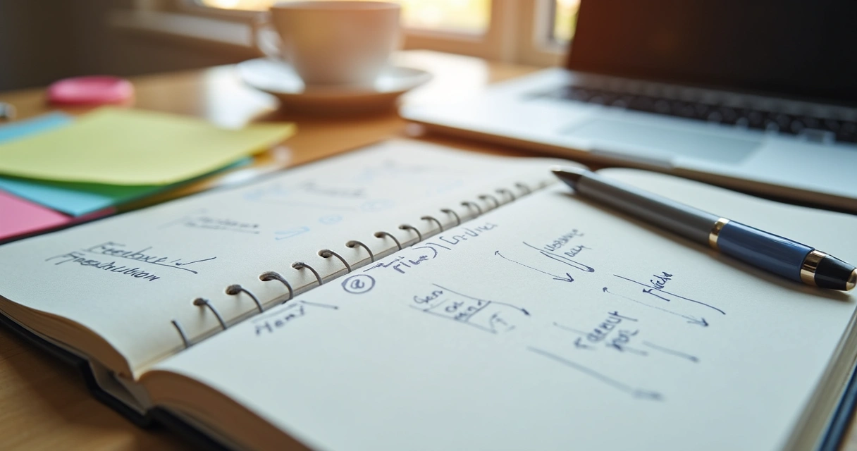 Caderno com anotações de feedback ao lado de laptop 